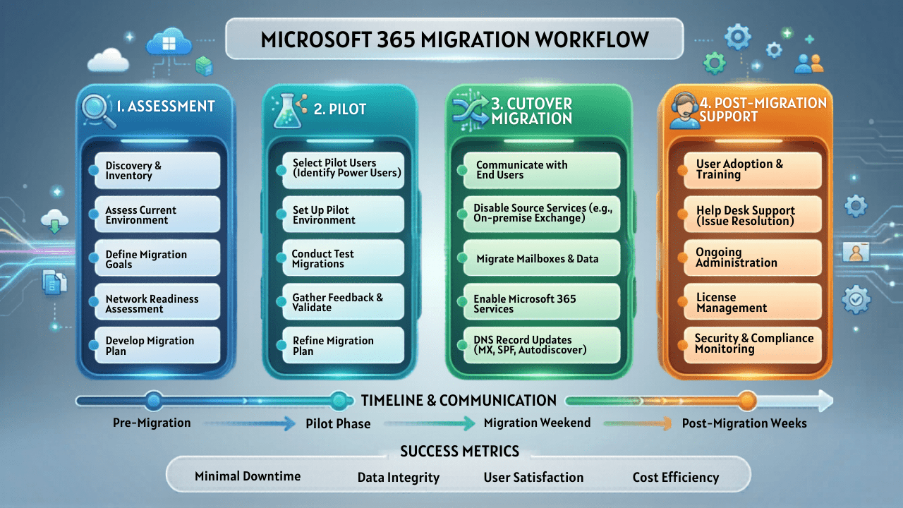 Microsoft 365 Migration Workflow Diagram showing Assessment, Pilot, Cutover, and Post-Migration Support