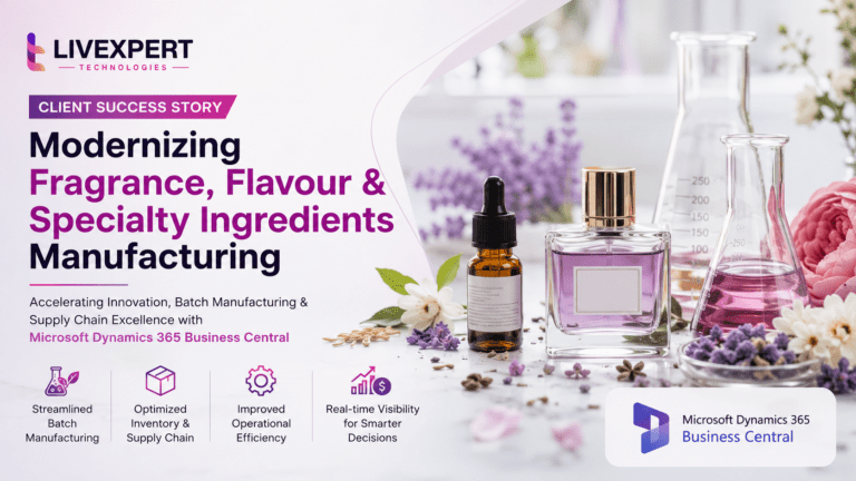 Client Success Story featuring fragrance, flavour, and specialty ingredients manufacturing with Microsoft Dynamics 365 Business Central driving batch manufacturing, inventory optimization, operational efficiency, and supply chain excellence.