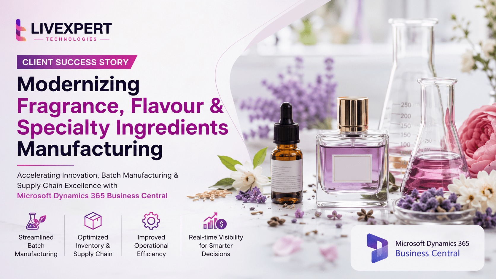 Client Success Story featuring fragrance, flavour, and specialty ingredients manufacturing with Microsoft Dynamics 365 Business Central driving batch manufacturing, inventory optimization, operational efficiency, and supply chain excellence.