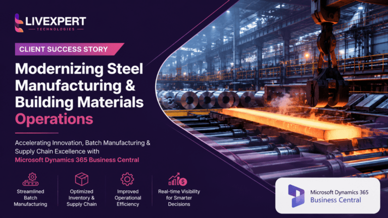 Client Success Story illustrating modern steel manufacturing and building materials operations using Microsoft Dynamics 365 Business Central to improve batch manufacturing, inventory optimization, supply chain management, and operational excellence.