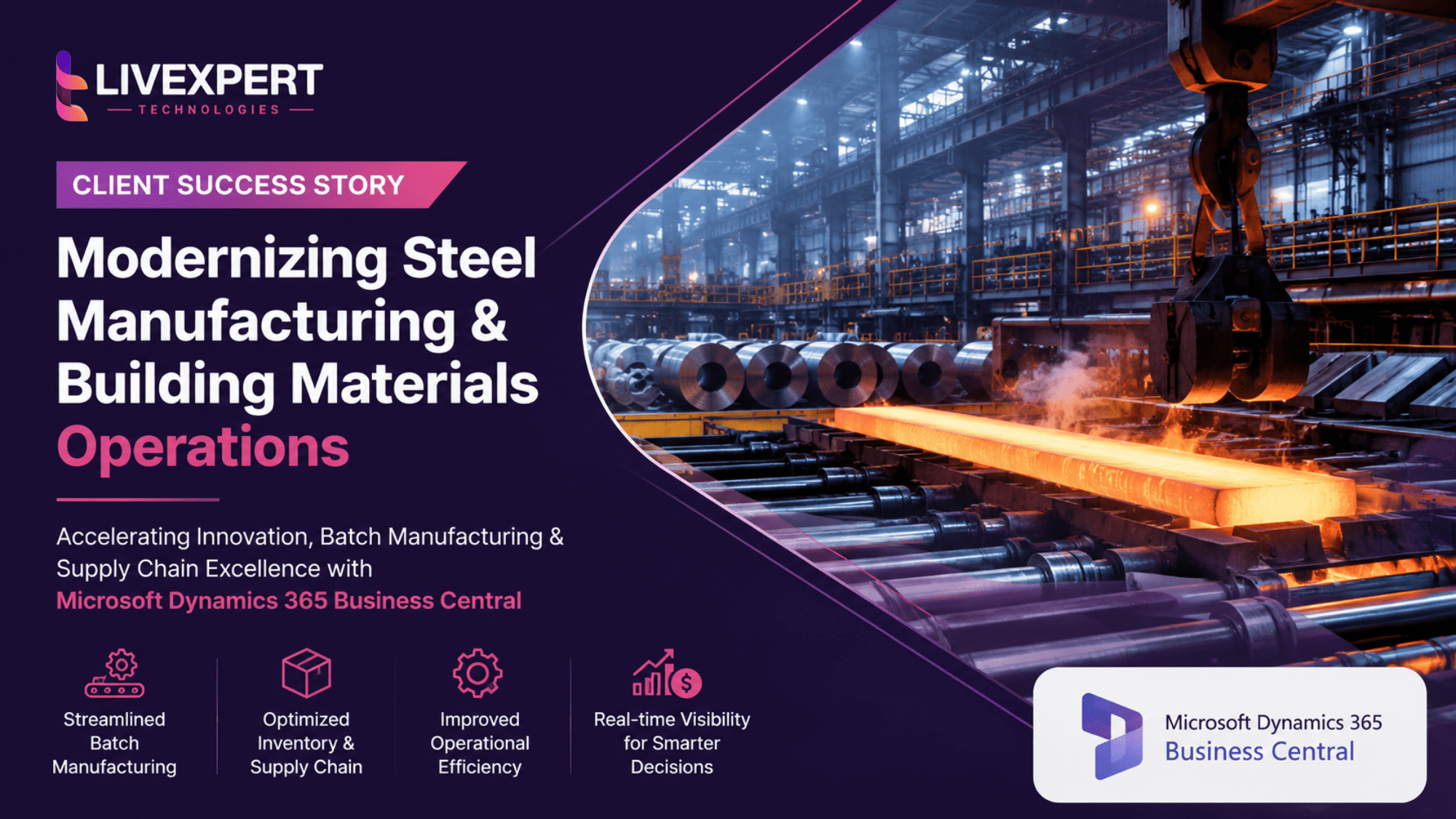 Client Success Story illustrating modern steel manufacturing and building materials operations using Microsoft Dynamics 365 Business Central to improve batch manufacturing, inventory optimization, supply chain management, and operational excellence.