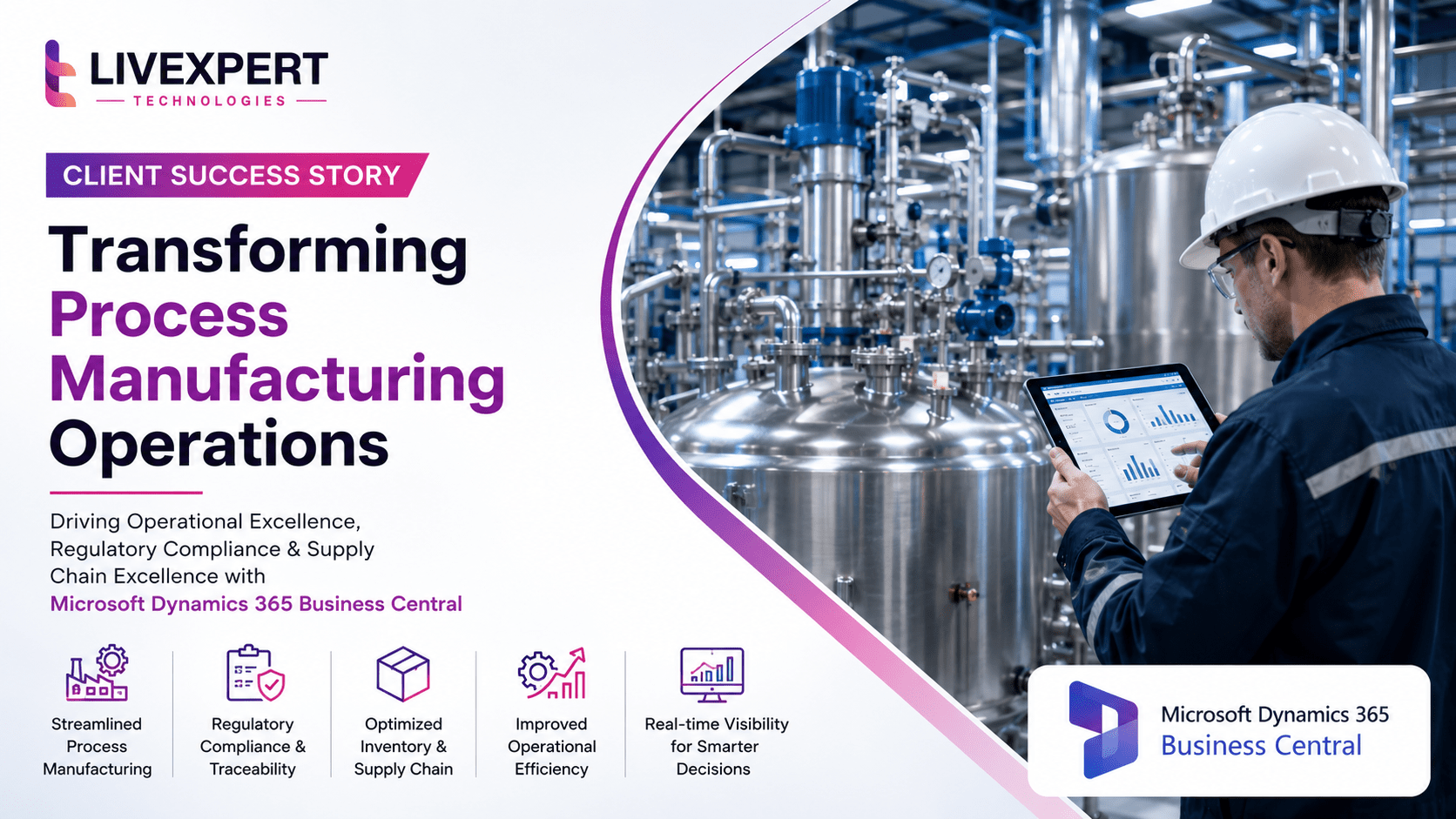 Client Success Story showcasing process manufacturing operations powered by Microsoft Dynamics 365 Business Central for regulatory compliance, production optimization, real-time operational visibility, and supply chain excellence.